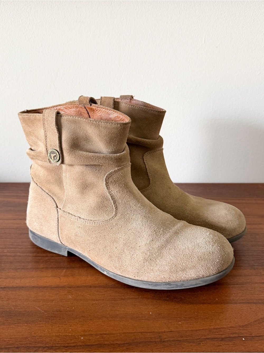 Birkenstock Sarnia Slouch Boots Taupe Suede Leather Ankle Zip Women's 7 EU 38